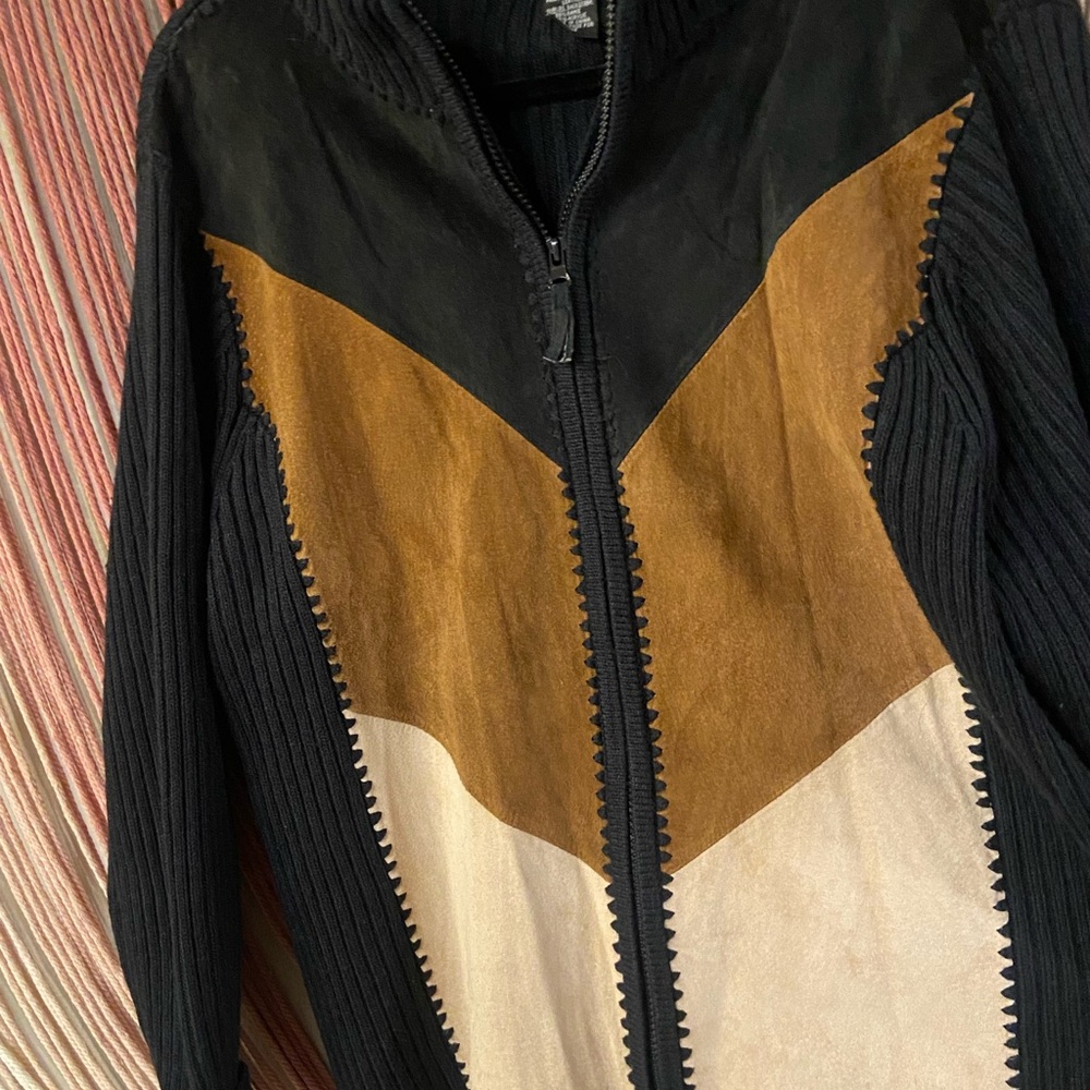 Vintage Black Brown & Cream Sweater with Leather Accents